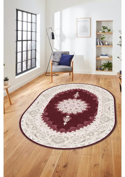 Baskılı Kaymaz Yıkanabilir Göbekli Klasik Desen Oval Mutfak Salon Halısı, O-Klasik-03-Bordo,