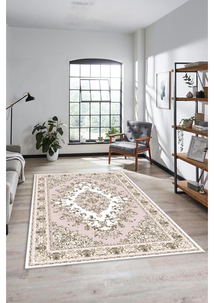 Klasik Desenli Dijital Kaymaz Yıkanabilir Yolluk Mutfak Salon Halısı, Klasik-23-Pembe,