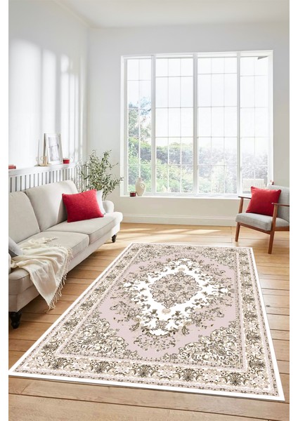Klasik Desenli Dijital Kaymaz Yıkanabilir Yolluk Mutfak Salon Halısı, Klasik-23-Pembe,