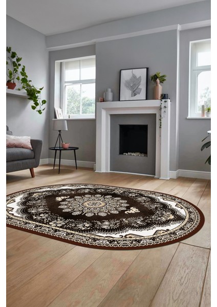 Klasik Desen Dijital Kaymaz Taban Yıkanabilir Oval Yolluk Mutfak Salon Halısı, O-Klasik-13-Kahve,