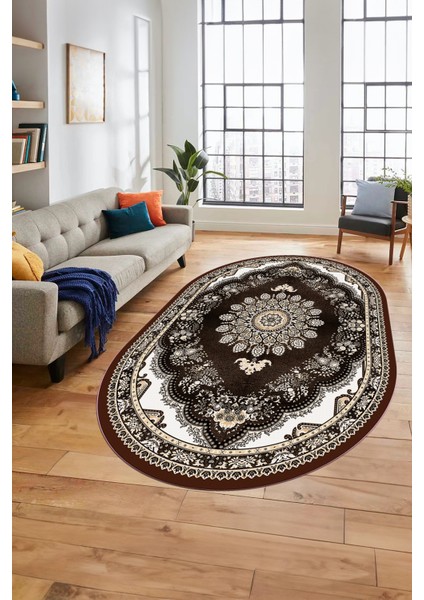 Klasik Desen Dijital Kaymaz Taban Yıkanabilir Oval Yolluk Mutfak Salon Halısı, O-Klasik-13-Kahve, fiyatları