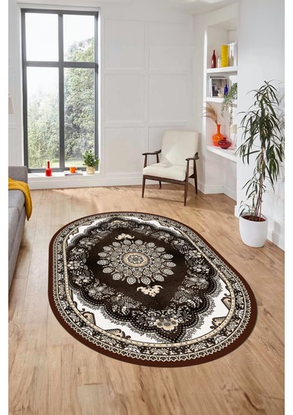 Klasik Desen Dijital Kaymaz Taban Yıkanabilir Oval Yolluk Mutfak Salon Halısı, O-Klasik-13-Kahve, fırsatları