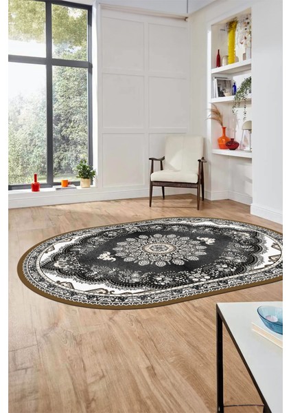 Klasik Desen Dijital Kaymaz Taban Yıkanabilir Oval Yolluk Mutfak Salon Halısı, O-Klasik-13-Krem, indirimleri