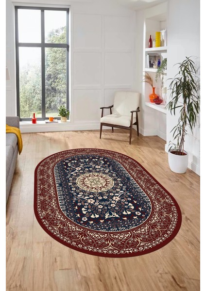 Şık Klasik Dijital Kaymaz Taban Yıkanabilir Oval Yolluk Mutfak Salon Halısı, O-Klasik-14-Bordo, fırsatları