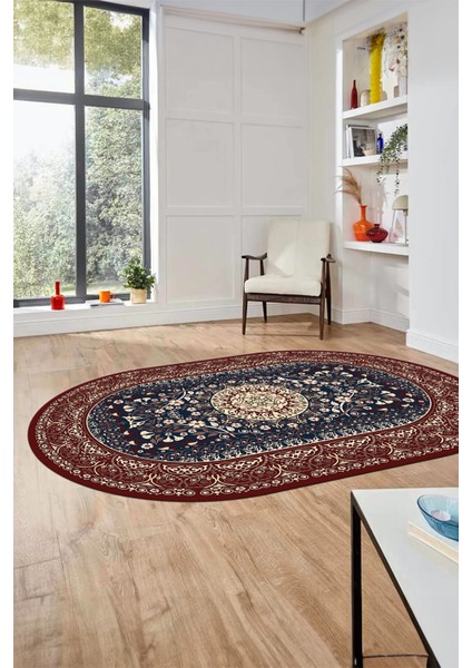 Şık Klasik Dijital Kaymaz Taban Yıkanabilir Oval Yolluk Mutfak Salon Halısı, O-Klasik-14-Bordo, indirimleri