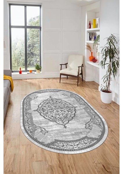Zarif Klasik Dijital Kaymaz Taban Yıkanabilir Oval Yolluk Mutfak Salon Halısı, O-Klasik-15-Gri, fırsatları