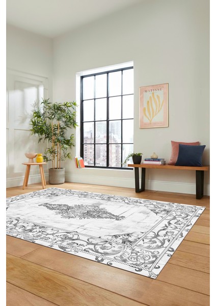 Göbekli Klasik Motifli Dijital Kaymaz Yıkanabilir Yolluk Mutfak Salon Halısı, Klasik-28-Beyaz, modelleri