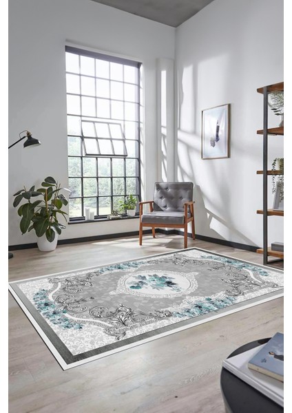 Çiçekli Klasik Desen Dijital Kaymaz Taban Yıkanabilir Yolluk Mutfak Salon Halısı, Klasik-16-Mavi, fırsatları