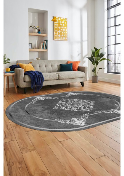 Baskılı Kaymaz Yıkanabilir Çerçeveli Klasik Yolluk Oval Mutfak Salon Halısı, O-Klasik-05-Antrasit,
