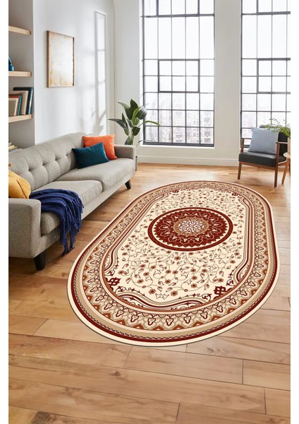 Göbekli Klasik Dijital Kaymaz Taban Yıkanabilir Oval Yolluk Salon Halısı, O-Klasik-18-Bordo,