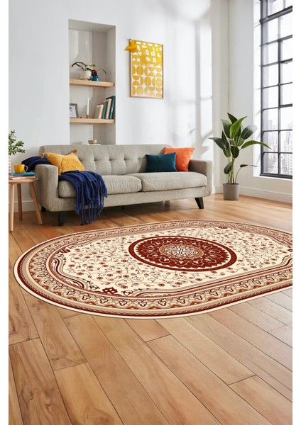 Göbekli Klasik Dijital Kaymaz Taban Yıkanabilir Oval Yolluk Salon Halısı, O-Klasik-18-Bordo, fiyatları