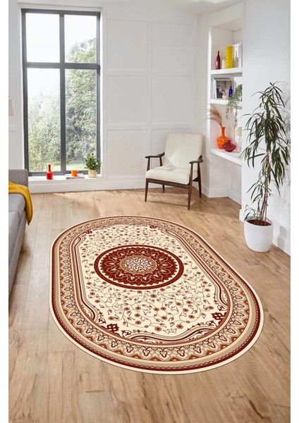 Göbekli Klasik Dijital Kaymaz Taban Yıkanabilir Oval Yolluk Salon Halısı, O-Klasik-18-Bordo, modelleri