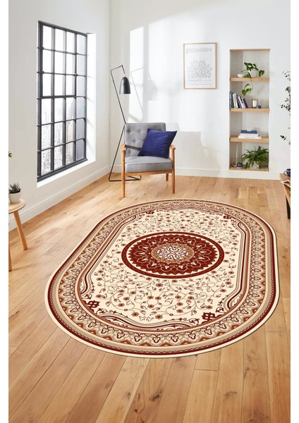 Göbekli Klasik Dijital Kaymaz Taban Yıkanabilir Oval Yolluk Salon Halısı, O-Klasik-18-Bordo, indirimleri