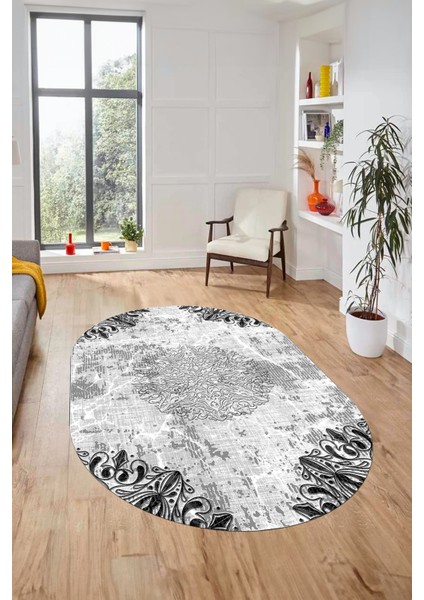 Şık Klasik Desen Dijital Kaymaz Taban Yıkanabilir Oval Yolluk Salon Halısı, O-Klasik-19-Gri, modelleri
