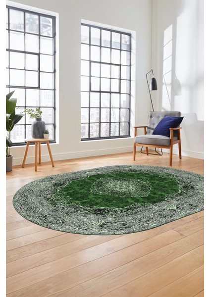 Baskılı Kaymaz Yıkanabilir Göbekli Klasik Desen Oval Yolluk Salon Halısı, O-Klasik-07-Yeşil,