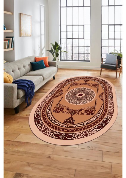 Modern Klasik Dijital Kaymaz Taban Yıkanabilir Oval Yolluk Salon Halısı, O-Klasik-17-Bordo,
