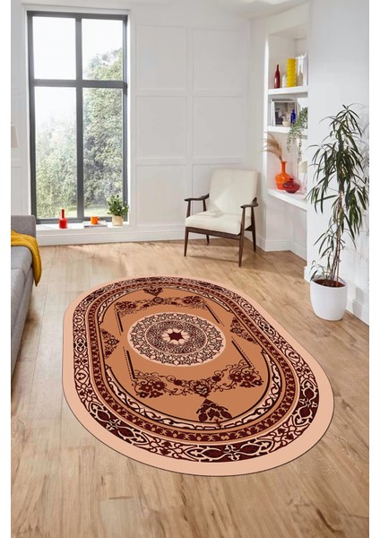 Modern Klasik Dijital Kaymaz Taban Yıkanabilir Oval Yolluk Salon Halısı, O-Klasik-17-Bordo, modelleri