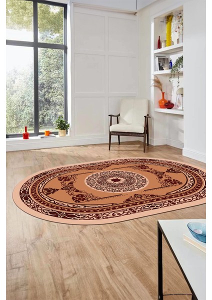 Modern Klasik Dijital Kaymaz Taban Yıkanabilir Oval Yolluk Salon Halısı, O-Klasik-17-Bordo, fırsatları