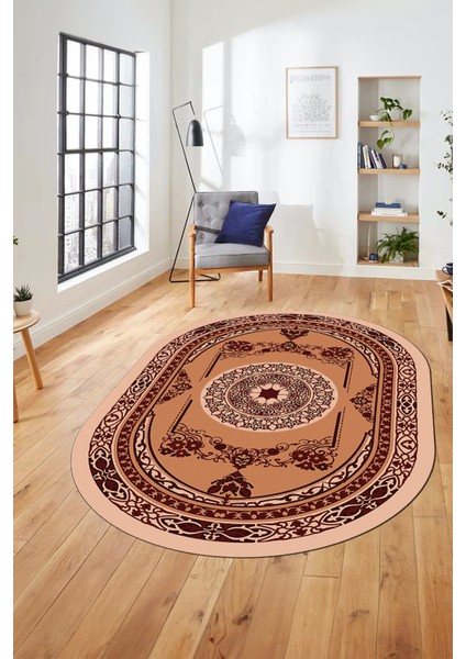 Modern Klasik Dijital Kaymaz Taban Yıkanabilir Oval Yolluk Salon Halısı, O-Klasik-17-Bordo, indirimleri