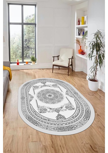 Modern Klasik Dijital Kaymaz Taban Yıkanabilir Oval Yolluk Salon Halısı, O-Klasik-17-Gri,
