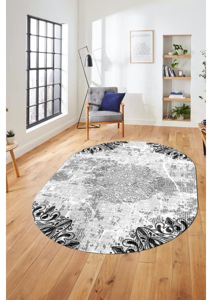 Şık Klasik Desen Dijital Kaymaz Taban Yıkanabilir Oval Yolluk Salon Halısı, O-Klasik-19-Gri, indirimleri