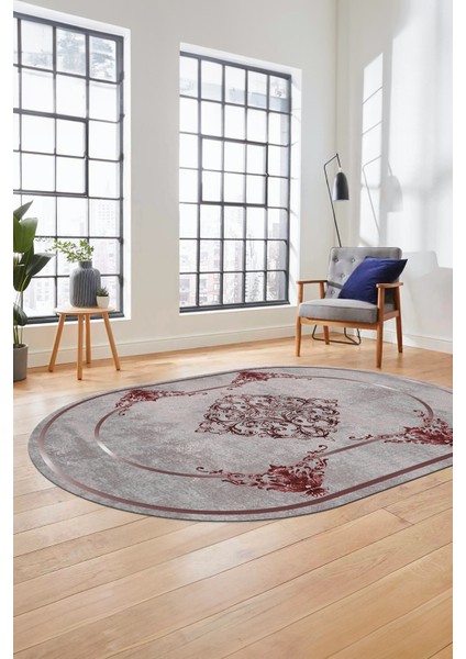 Baskılı Kaymaz Yıkanabilir Çerçeveli Klasik Yolluk Oval Mutfak Salon Halısı, O-Klasik-05-Bordo,