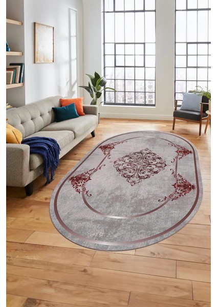 Baskılı Kaymaz Yıkanabilir Çerçeveli Klasik Yolluk Oval Mutfak Salon Halısı, O-Klasik-05-Bordo, fırsatları