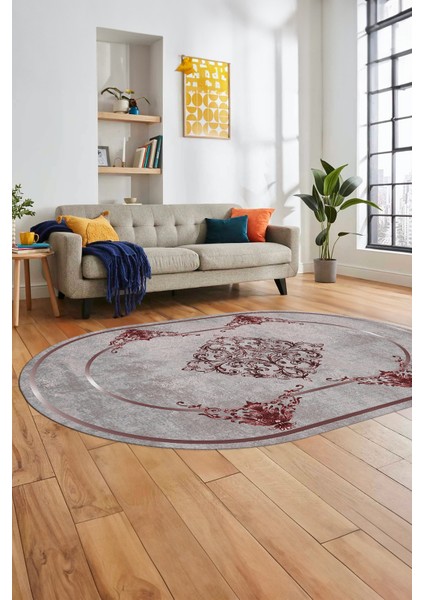 Baskılı Kaymaz Yıkanabilir Çerçeveli Klasik Yolluk Oval Mutfak Salon Halısı, O-Klasik-05-Bordo, indirimleri