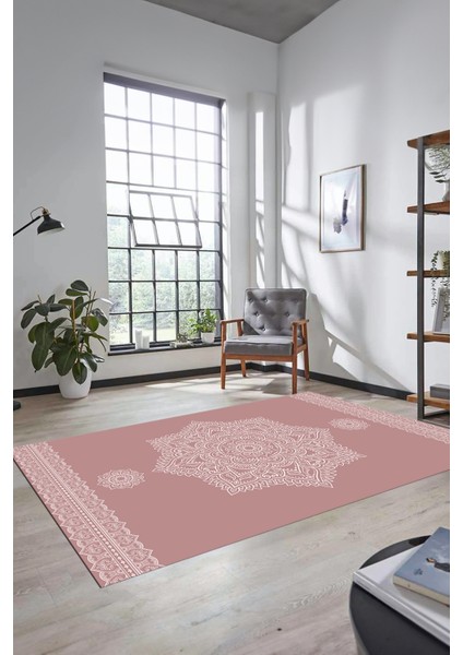 Şık Göbekli Klasik Motifli Dijital Kaymaz Yıkanabilir Yolluk Mutfak Salon Halısı, Klasik-30-Pembe,