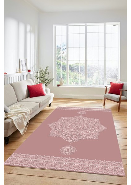 Şık Göbekli Klasik Motifli Dijital Kaymaz Yıkanabilir Yolluk Mutfak Salon Halısı, Klasik-30-Pembe, fırsatları