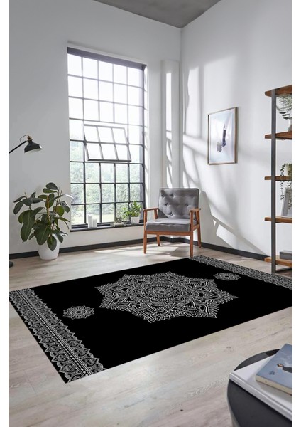 Şık Göbekli Klasik Motifli Dijital Kaymaz Yıkanabilir Yolluk Mutfak Salon Halısı, Klasik-30-Siyah,