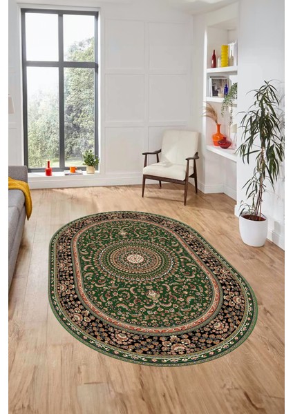 Klasik Desenli Dijital Kaymaz Yıkanabilir Oval Yolluk Koridor Salon Halısı, O-Klasik-21-Yeşil, fiyatları