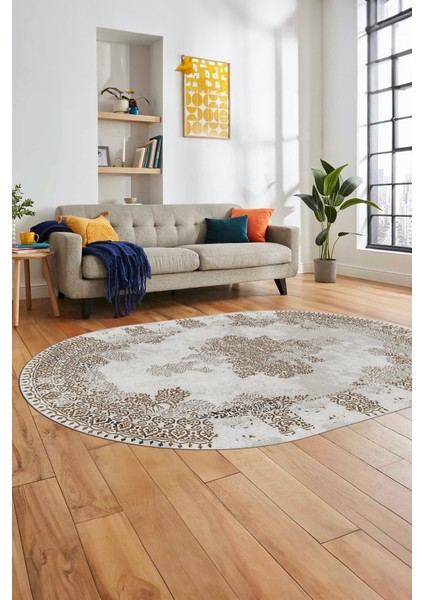 Sade Klasik Desenli Dijital Kaymaz Yıkanabilir Oval Yolluk Salon Halısı, O-Klasik-22-Kahve,