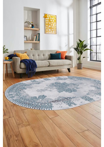Sade Klasik Desenli Dijital Kaymaz Yıkanabilir Oval Yolluk Salon Halısı, O-Klasik-22-Mavi,