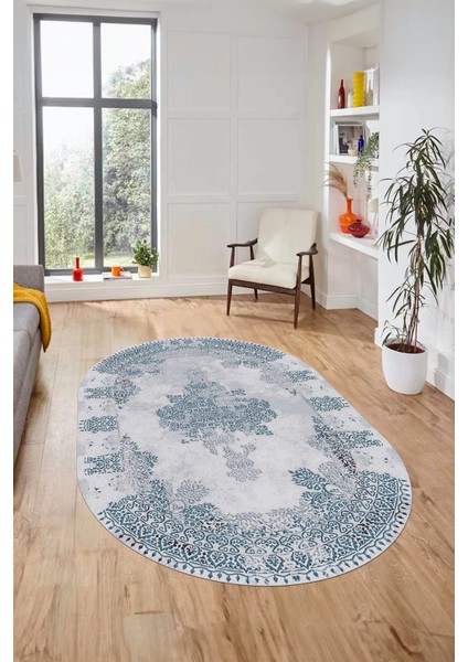 Sade Klasik Desenli Dijital Kaymaz Yıkanabilir Oval Yolluk Salon Halısı, O-Klasik-22-Mavi, fiyatları