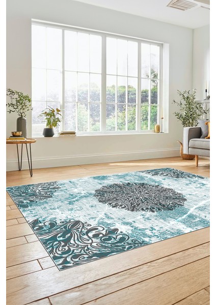 Şık Klasik Desen Dijital Kaymaz Taban Yıkanabilir Yolluk Mutfak Salon Halısı, Klasik-19-Mavi,