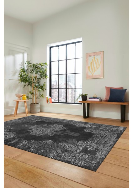 Sade Klasik Desenli Dijital Kaymaz Yıkanabilir Yolluk Mutfak Salon Halısı, Klasik-22-Antrasit, indirimleri