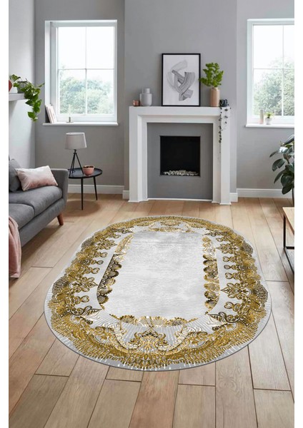 Baskılı Kaymaz Yıkanabilir Renkli Klasik Desen Oval Yolluk Salon Halısı, O-Klasik-08-Kahve, fiyatları