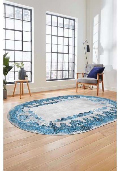Baskılı Kaymaz Yıkanabilir Renkli Klasik Desen Oval Yolluk Salon Halısı, O-Klasik-08-Mavi,