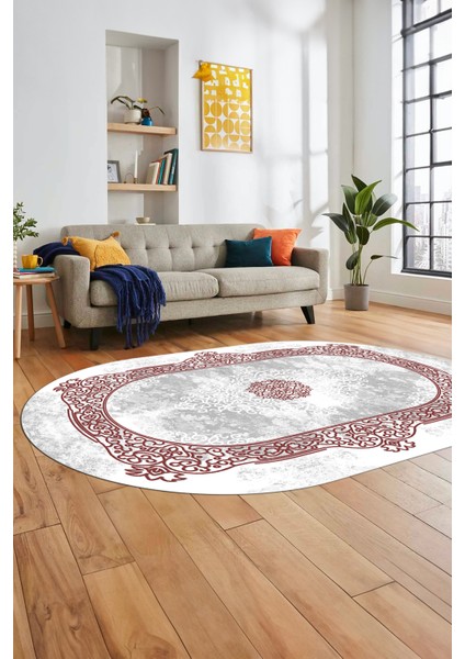 Sade Klasik Desen Dijital Kaymaz Taban Yıkanabilir Oval Yolluk Salon Halısı, O-Klasik-20-Bordo, fiyatları