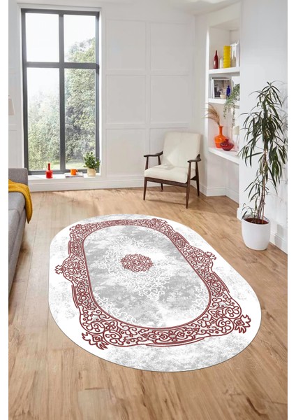 Sade Klasik Desen Dijital Kaymaz Taban Yıkanabilir Oval Yolluk Salon Halısı, O-Klasik-20-Bordo, modelleri