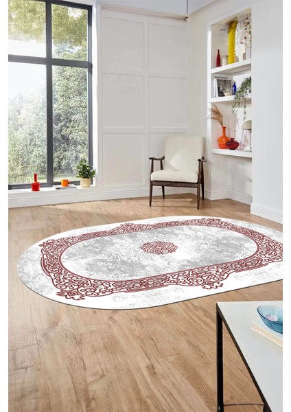 Sade Klasik Desen Dijital Kaymaz Taban Yıkanabilir Oval Yolluk Salon Halısı, O-Klasik-20-Bordo, fırsatları