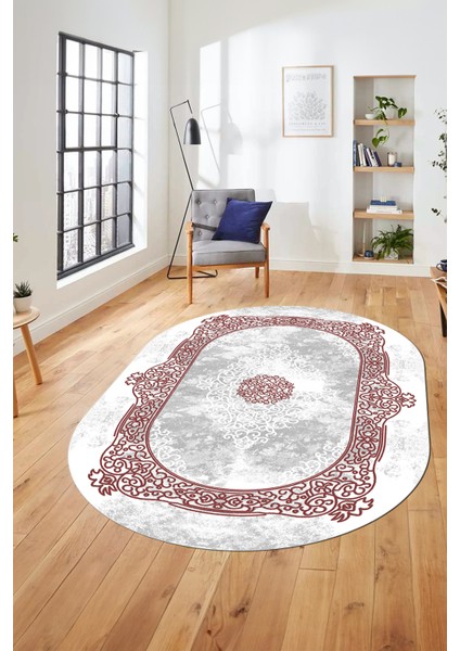 Sade Klasik Desen Dijital Kaymaz Taban Yıkanabilir Oval Yolluk Salon Halısı, O-Klasik-20-Bordo, indirimleri