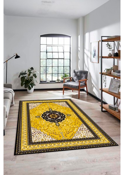 Renkli Klasik Desen Dijital Kaymaz Yıkanabilir Yolluk Mutfak Salon Halısı, Klasik-26-Sarı,