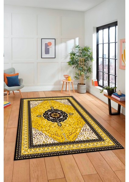 Renkli Klasik Desen Dijital Kaymaz Yıkanabilir Yolluk Mutfak Salon Halısı, Klasik-26-Sarı, modelleri