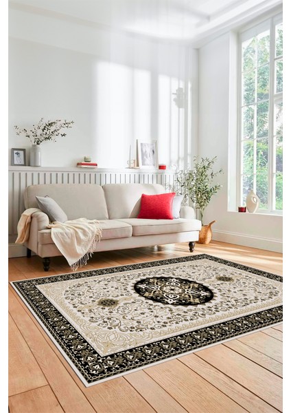Renkli Klasik Motifli Dijital Kaymaz Yıkanabilir Yolluk Mutfak Salon Halısı, Klasik-27-Siyah, indirimleri