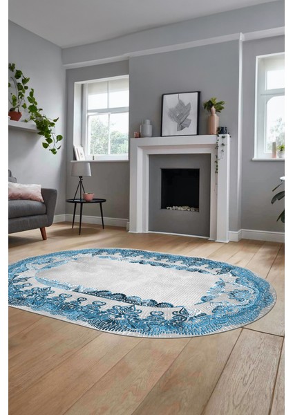 Baskılı Kaymaz Yıkanabilir Renkli Klasik Desen Oval Yolluk Salon Halısı, O-Klasik-08-Mavi, modelleri