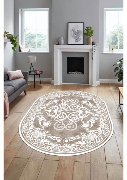 Baskılı Kaymaz Yıkanabilir Klasik Desenli Oval Yolluk Mutfak Salon Halısı, O-Klasik-09-Kahve,