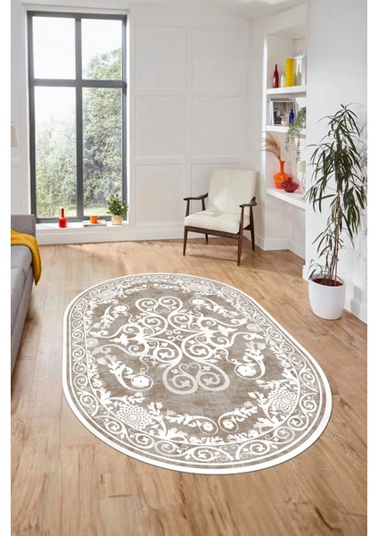 Baskılı Kaymaz Yıkanabilir Klasik Desenli Oval Yolluk Mutfak Salon Halısı, O-Klasik-09-Kahve, indirimleri