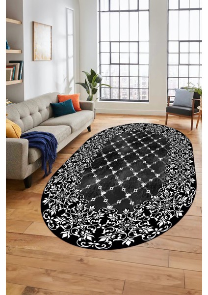 Baskılı Kaymaz Yıkanabilir Klasik Desen Yolluk Oval Mutfak Salon Halısı, O-Klasik-04-Siyah, indirimleri